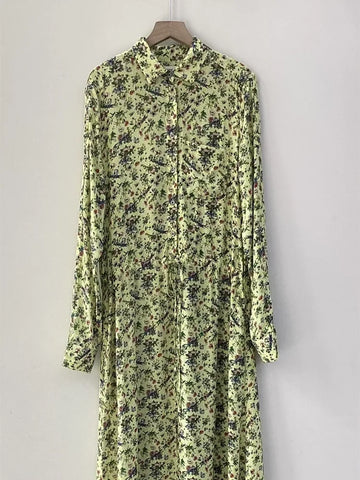 Letter Floral Printed Ladies Single Breasted Waist Drawstring Mid-Length Dress Spring New