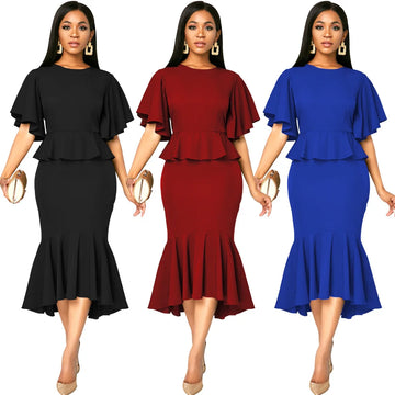 Sexy solid color ruffle edge women's dress JX5477
