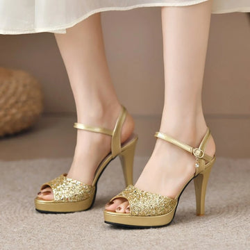 High Heeled Sandals Women's Summer New Thick Bottom Thick Heeled Fish-toe Sandals One-word Buckle Sequin Fashion Sandals Women