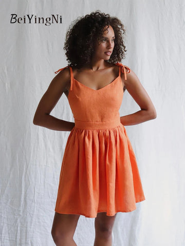 Beiyingni Cotton Sexy Backless Spaghetti Strap A-line Dresses for Women Club Party New Fashion Bandage Short Dress Black Orange
