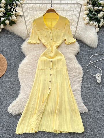 SINGREINY Fashion Knit OL Long Dress Women V Neck Single Breasted Elastic Slim Sundress 2025 Korean Simple Style Stripe Dress