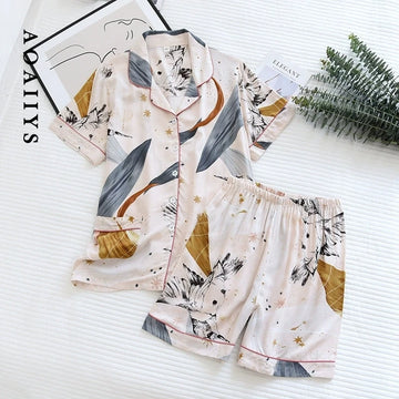 Aoaiiys Printed Pajamas Sets for Women Two-piece Set Short Sleeve Button Pocket Tops Elastic Waist Shorts Summer Loose Sleepwear