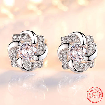 Solid 925 Sterling Silver Crystal Zircon Jewelry Trendy Flower Stud Earrings For Woman New XY0299