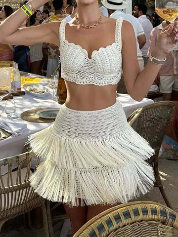 Short Top Mini Skirts Two Pieces Sets, Summer Women Holiday Sexy Sleeveless Outfit, 2025 Hollow Out Patchwork Chic Ladies Suits