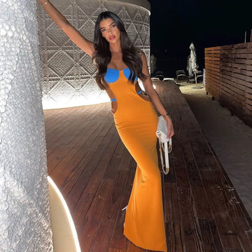 Independent Website Popular Dress-Heavy Alloy Jewelry Hollow Open-Back Side Slit Long Dress Sleeveless Style Other Pattern