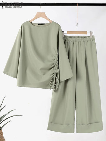 ZANZEA 2PCS Womens Outfits Autumn Tracksuit Fashion Pants Sets Two Piece Sets Loose Casual 3/4 Sleeve Blouse Wide Leg Trousers