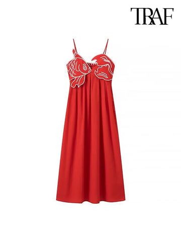 TRAF Women Fashion Simple Red Embroidery Halter Dress Long V-Neck Temperament Dress Elegant Koi Embroidery Decoration Dresses