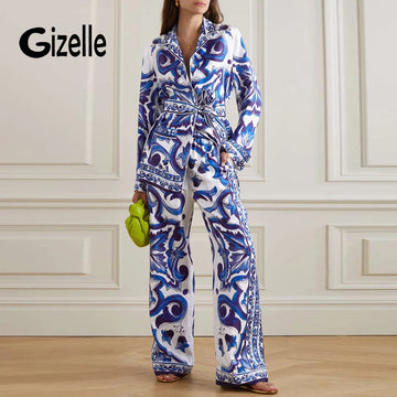 Gizelle High Street Runway Floral Print Notched Collar Blouse & Wide Leg Pants Fashion 2 Pieces Sets Women Chic Designer Outfits