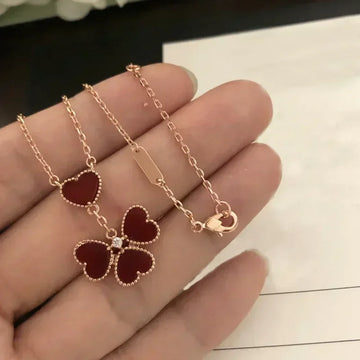 Sterling Silver High Quality Exquisite Red Agate Four-Leaf Clover Love Earrings Necklace Women Morale Luxury Jewelry