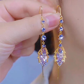 Elegant Purple Crystal Maple Leaf Long Tassel Ear Wire for Women New Fashion Exquisite Temperament Ladies Wedding Party Jewelry