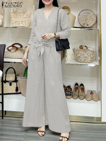 2025 ZANZEA Fashion Long Sleeve Blouse Pant Sets Spring Autumn Outfits 2PCS Women Work Matching Sets Casual Solid OL Tracksuits