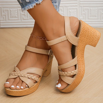 Camel Thick High Heels Sandals Women Summer 2025 Buckle Strap Platform Sandles Woman Woven Cross Band Gladiator Sandalias Mujer