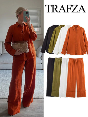TRAFZA Women Casual Pants Suit Turn-down Collar Long Sleeve Single-Breasted Loose Shirt Top+High Waist Draw Rope Pocket Trousers