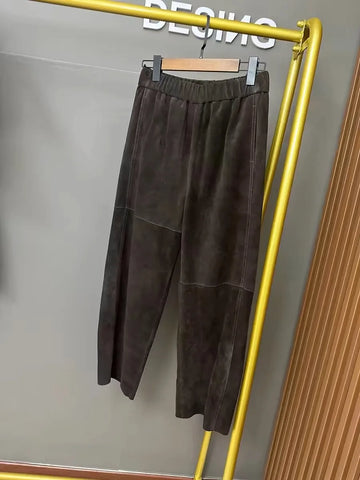 Retro Leather Ankle-Length Straight Pants Women Elastic Waist Suede Sheepskin Wide Leg Length Straight Cylinder Trousers