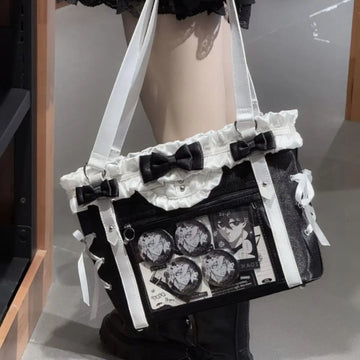 Richme Lolita Bow Women Ita Bags Sweetly Ruched DIY Anime Badge Tote Bolso Mujer Students Casual Large Capacity Shoulder Bag