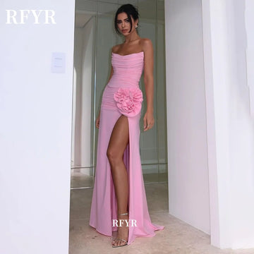 RFYR Chiffon Prom Dress Strapless Party Dress 3D Flowers Evening Dress Pleats Formal Party Dress Vestidos De Noche Customized