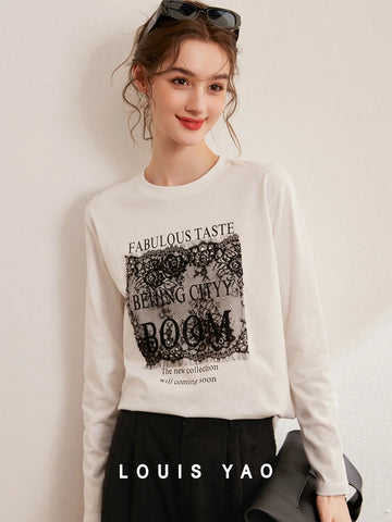 LOUIS YAO Women's T-Shirts 2025 Letter Printed T-Shirts with Casual Round Neck Splicing Lace Decoration Women's Long Sleeve Top