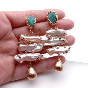 YYGEM Woman Earrings Freshwater 32x31mm Pink Biwa Pearl Green Amazonite Stud Earrings Fashion Jewelry Gift