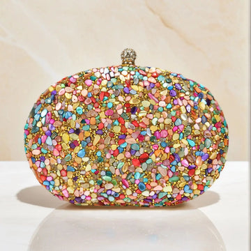 Circular Design Rhinestones Stones Evening Bags One Side Diamonds Bohemian Style Dress Beach Purse With Hanlde Shoulder