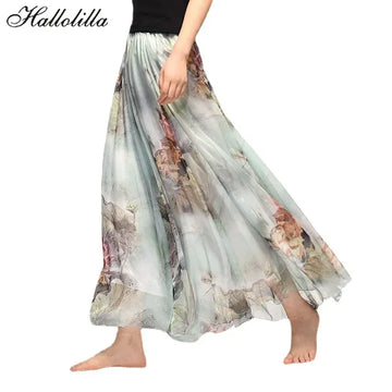 Vintage Bohemian Long Skirts Women Elegant Chiffon Saia Harajuku Beach High Waist Long Skirt Woman Clothes Faldas Tutu Vestidos