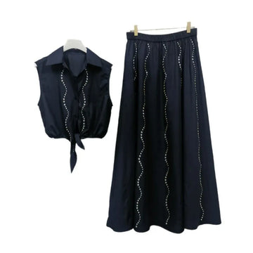 Skirt Sets Water Corrugated Diamond Trim Set Sleeveless Knotted Waist Top Elastic Waist Skirt Spring and Summer New Style