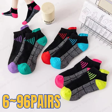 6-96 Pairs Unisex Color-Coordinated Quick-Dry & Sweat-Absorbent Running/Casual Sports Socks Low-Top Breathable 36-42