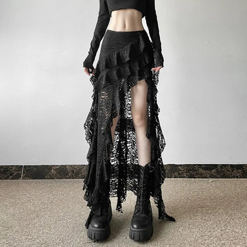 Sexy High Waist Lace Ruffles Skirts Women 2025 Spring Irregular Y2k Skirts Women Fashion Black Patchwork Party Clubwear Gothic