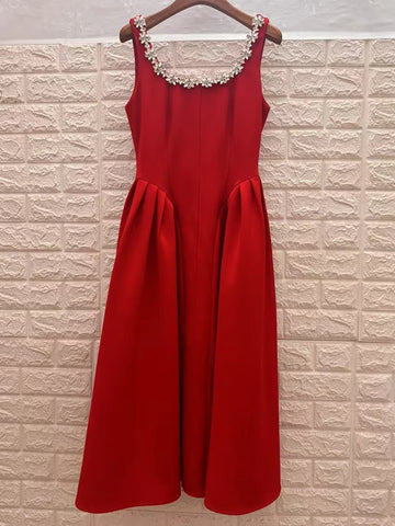 Spring and summer women's new U-neck drill waist drape A-word suspender dress temperament big swing high waist vest dress