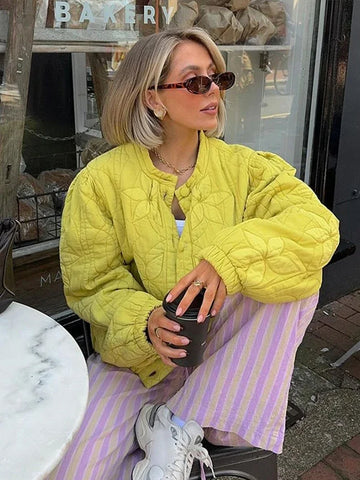 Casual Solid Printed Padded Women Jacket O-neck Full Sleeves Lady Coat 2024 Fashion Autumn Covered Button Female Loose Outwear