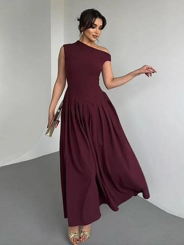 Dress Women Loose Skew Collar Sleeveless A Line Robe Female 2025 Spring Summer Solid Fashion High Waist Dress Lady