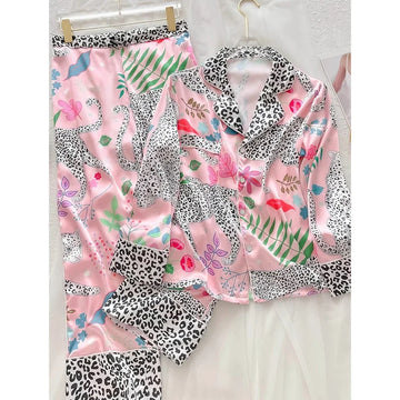 Spotted Leopard Print Pajama Set for Women Idyllic Style Long Sleeve Pant Female Lounge 2024 Spring Fall Cartoon Print Sleepwear