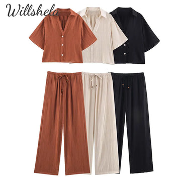Willshela Women Linen 2 Pieces Sets Short Sleeves Shirt and Straight PantS Chic Lady Casual Elastic Waist Trousers Coordinates
