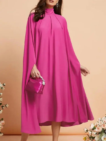 Bonboho Women 2024 Spring Fashion Solid Color Dress High Neck Batwing Sleeves Caped Dresses Female Loose Fit Pleated Midi Dress