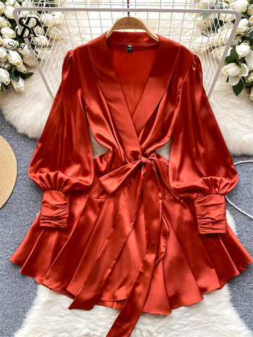 SINGREINY Women Senior Satin Sexy Dress 2024 New Fashion Deep V Neck Bandage French Spring Lantern Sleeve Pleated Wrap Dress
