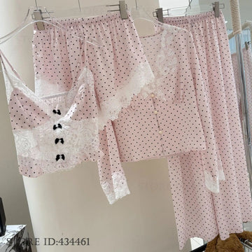 New Female Pajama Four Piece Set Lounge Wear Sexy Hollow Lace Lingerie Cami Shorts Pijamas Suit Sweet Kawaii Ice Silk Sleepwear
