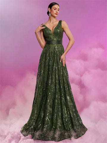 Luxury Sexy V-Neck Sequins Formal Evening Dress Long 2025 Women Elegant V-back Wedding Party Long Prom Cocktail Graduation Gown