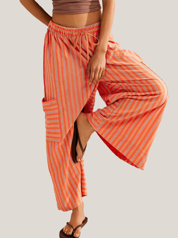 2025 Summer Striped Straight Leg Pants Women's Drawstring Wide Leg Beach Casual Pants Hot Selling Breathable