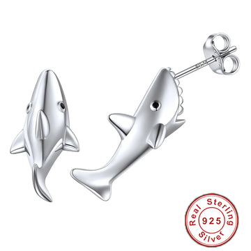 U7 925 Sterling Silver Cute Shark Stud Earring for Woman Chic Sea Animal Daily Jewelry Gift for Daughter for Girlfriend