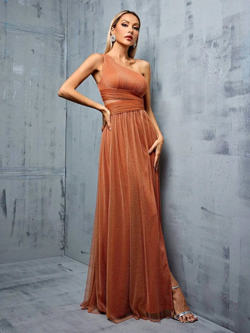 Mgiacy One shoulder asymmetrical chest pleats waist hollowed-out slit A swing mesh long skirt Evening gown Ball dress