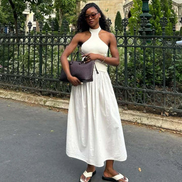 Dresses Summer Women's 2025 New Chic Elastic Slim Elegant Hanging Neck Long Dress Women Street Fashion Youth Holiday Dress