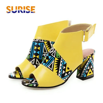 Summer Women Sandals Green Yellow Graffitti High Square Heels Outdoor Slides Casual Party Ladies Peep Toe Gladiator Slingbacks