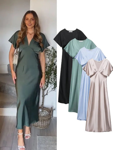 TRAFZA Summer Elegant Pajama Style Midi Dresses For Women Short Sleeves Pleated Silk Satin Texture Vintage Solid V-neck Dress