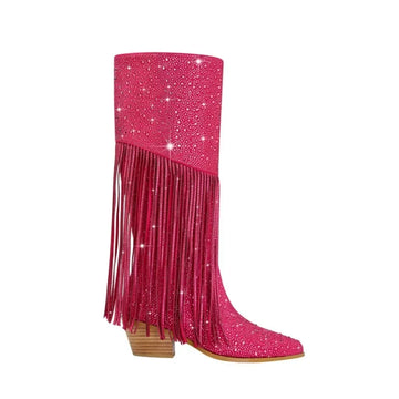 2024 New Chelsea Knee Length Rhinestone Boots Zipper Pointed Tassels Shiny Fashion European And American 35-43 Women's Boots