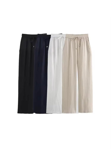 TRZA-Women's Straight Pants with Front Pockets, High Elastic Waist, Drawstrings, Female Trousers, Chic Fashion