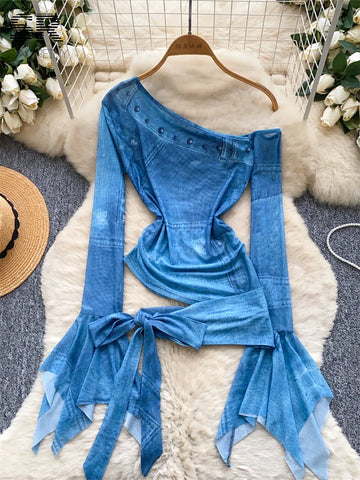 SINGREINY Print Streetwear Chic Tops Hot Girl Flare Sleeve One Shoulder Slim Thin Blouses Fashion Autumn Sexy Women's T Shirt