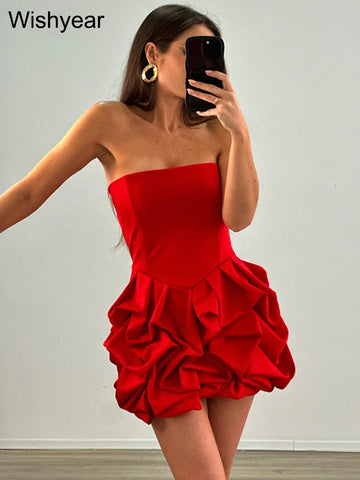 New Red Dress Women Sexy Strapless Backless Pleated Ruffles Bubble Bodycon Mini Dresses Evening Party Elegant Summer Vestidos