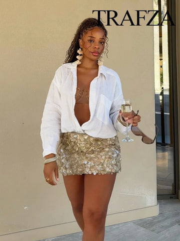 TRAFZA Women Summer Fashion Party Style Sequin Mini Slim Skirt Female Sexy Elegant Banquet Zipper High Waist Short A-Line Skirt