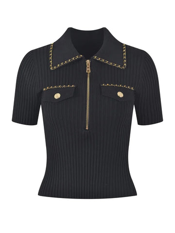 Summer Fashion Slim Knitted Tshirt Sweater Women Stylish Chain Buttons Zip-up Tees Tops Vintage Elegant Chic Ladies Knitwear