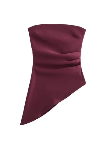 TRZA-Women's Strapless Asymmetric Pleated Bustier Tops, Straight Neck, Side Zipper, Female Camis, Sexy Fashion