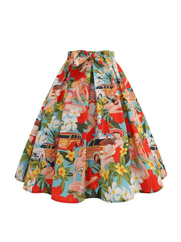 Floral Print Summer Skirt Women High Waist Swing 50s Vintage Retro Rockabilly Midi Pleated Skirts Faldas